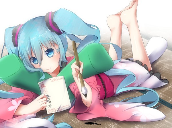 Anime picture 1604x1202 with vocaloid hatsune miku meimuu long hair looking at viewer blush blue eyes smile twintails blue hair lying traditional clothes japanese clothes girl kimono paintbrush calligraphy brush