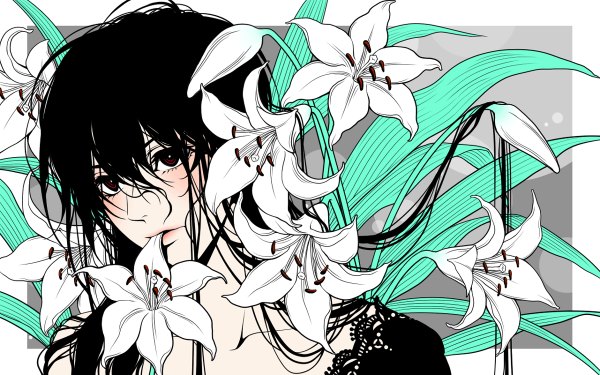 Anime picture 1200x750 with original kayu long hair blush black hair red eyes wide image mouth hold flower in mouth girl dress flower (flowers) lily (flower)
