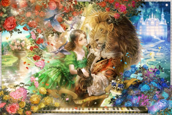 Anime picture 1200x800 with original mid (midlibro) long hair blonde hair brown hair green eyes holding hands girl dress gloves hair ornament flower (flowers) animal petals bird (birds) rose (roses) jewelry necklace crown blue rose