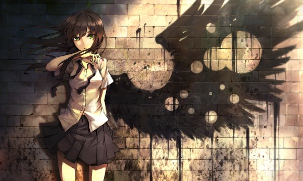 Anime picture 1200x720 with original seafh (artist) single long hair black hair wide image green eyes wind fake wings girl skirt miniskirt shirt wings