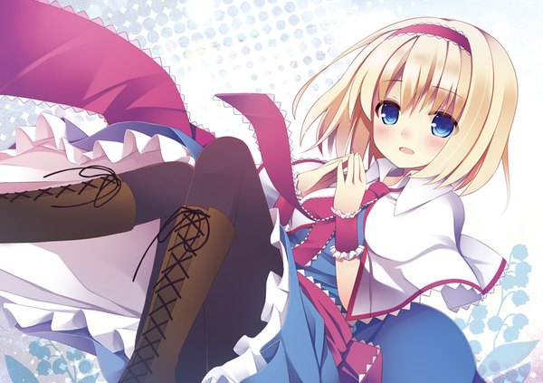Anime picture 800x564 with touhou alice margatroid kanora single blush short hair blue eyes blonde hair parted lips girl dress gloves pantyhose elbow gloves frills wrist cuffs cross-laced footwear