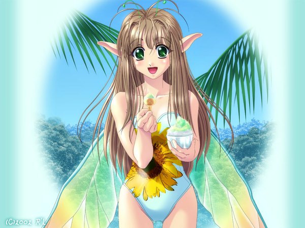 Anime picture 1024x768 with pointy ears fairy swimsuit wings food one-piece swimsuit shaved ice