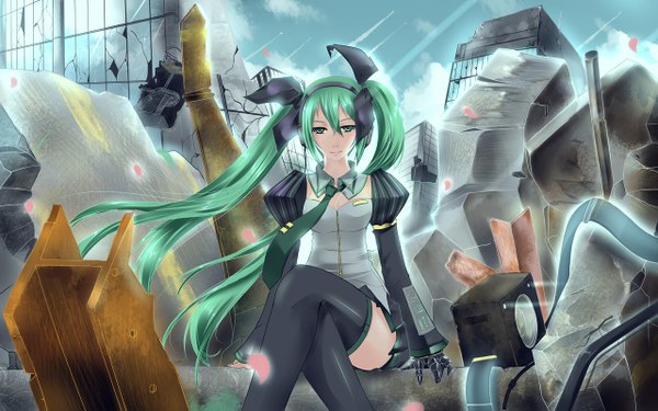 Anime picture 1280x800 with vocaloid hatsune miku catstudioinc (punepuni) single long hair wide image twintails green eyes green hair crossed legs ruins mechanical parts girl thighhighs bow hair bow necktie speakers