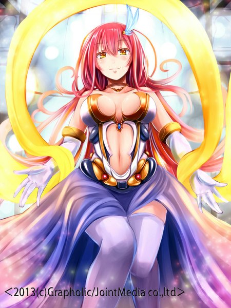 Anime picture 840x1120 with priget plus irohara single long hair tall image looking at viewer breasts light erotic smile yellow eyes pink hair girl thighhighs dress gloves navel white thighhighs elbow gloves shawl