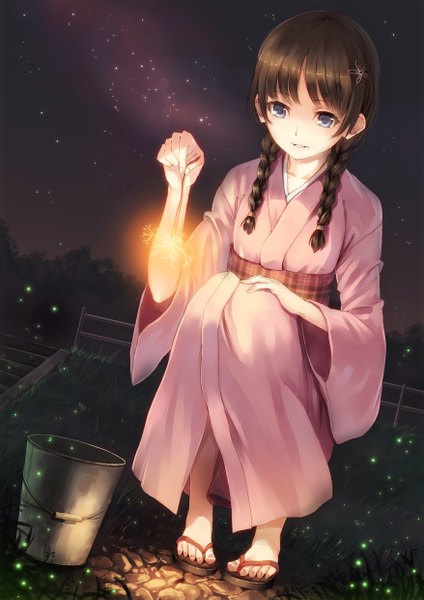 Anime picture 1753x2480 with original paseri single long hair tall image highres blue eyes brown hair absurdres outdoors braid (braids) traditional clothes japanese clothes night twin braids squat fireworks girl kimono fireflies