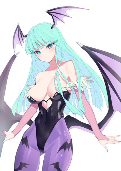 Anime picture 1500x2121 with vampire / darkstalkers (game) capcom morrigan aensland ronopu single long hair tall image looking at viewer blush fringe breasts light erotic large breasts bare shoulders green eyes blunt bangs nail polish head tilt green hair no bra