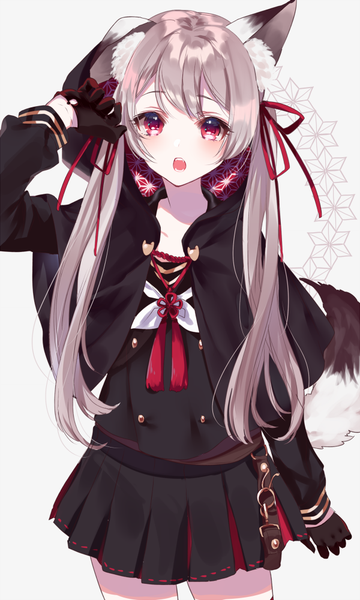 Anime picture 600x1000 with original sinsihukunokonaka single long hair tall image looking at viewer blush fringe open mouth simple background red eyes standing twintails tail animal tail pleated skirt grey hair grey background fang (fangs) girl