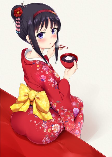 Anime picture 800x1115 with mahou shoujo madoka magica shaft (studio) akemi homura sugamo (nekozet4523) single long hair tall image looking at viewer fringe breasts black hair simple background sitting purple eyes ass traditional clothes japanese clothes looking back hair flower wide sleeves