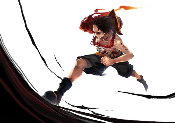 Anime picture 1391x985 with one piece toei animation portgas d. ace kimaku (artist) black hair tattoo topless running boy hat shorts boots belt beads straw hat fist