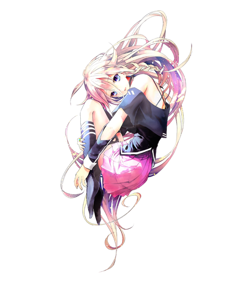 Anime picture 1000x1273 with vocaloid ia (vocaloid) tagme (artist) long hair tall image looking at viewer open mouth blue eyes simple background blonde hair white background bare shoulders braid (braids) twin braids girl skirt pink skirt