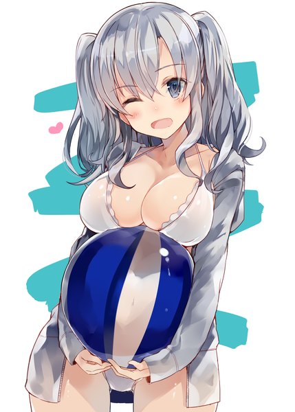 Anime picture 3573x5000 with kantai collection kashima training cruiser kou mashiro single long hair tall image looking at viewer blush fringe highres breasts open mouth blue eyes light erotic simple background hair between eyes large breasts white background twintails holding