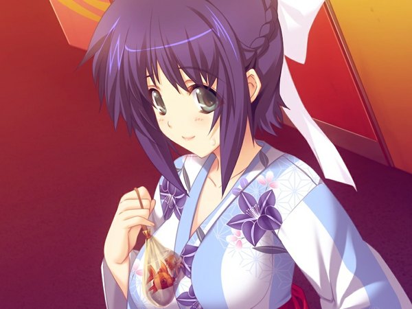 Anime picture 1024x768 with shiden enkan no kizuna (game) short hair green eyes blue hair game cg japanese clothes girl kimono