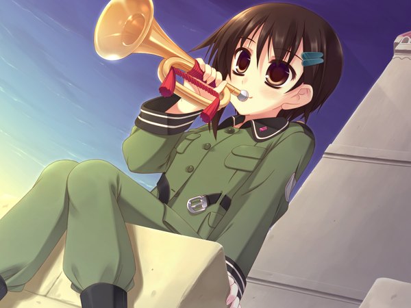 Anime picture 1600x1200 with sora no woto a-1 pictures sorami kanata moriguchi yuu blush fringe short hair hair between eyes brown hair sitting holding brown eyes looking away sky light smile arm support knees touching knees together feet apart playing instrument girl