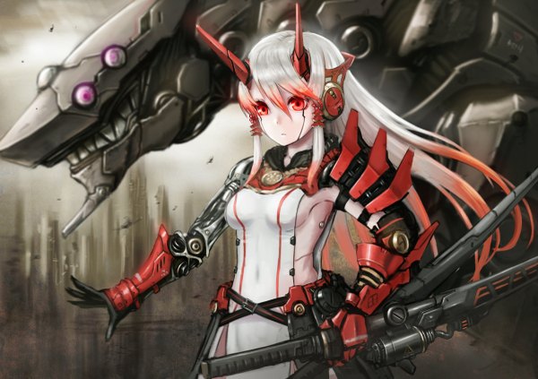 Anime picture 1200x847 with original kai (ootamuno12) long hair fringe red eyes standing twintails silver hair white hair multicolored hair horn (horns) wind orange hair city covered navel gradient hair oni horns sheathed white skin mecha musume