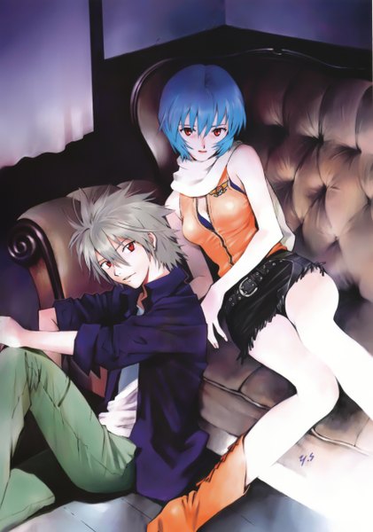 Anime picture 3512x5000 with neon genesis evangelion gainax ayanami rei nagisa kaworu tall image looking at viewer fringe highres short hair red eyes sitting blue hair absurdres grey hair scan open clothes open shirt legs couple girl