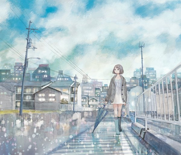 Anime picture 1100x944 with original yuuko (nora0x0) single short hair brown hair sky cloud (clouds) black eyes cityscape walking city lights girl dress jacket building (buildings) umbrella power lines galoshes