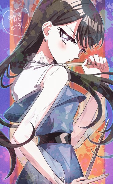 Anime picture 4320x7016 with bishoujo senshi sailor moon bang dream! bang dream! it's mygo!!!!! shiina taki loveodoro single long hair tall image looking at viewer blush fringe highres black hair standing purple eyes holding signed absurdres looking back piercing