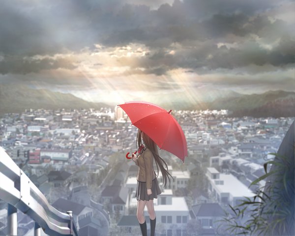 Anime picture 1120x896 with mahou tsukai no yoru aozaki aoko koyama hirokazu long hair brown hair cloud (clouds) looking back city girl skirt miniskirt socks serafuku black socks umbrella