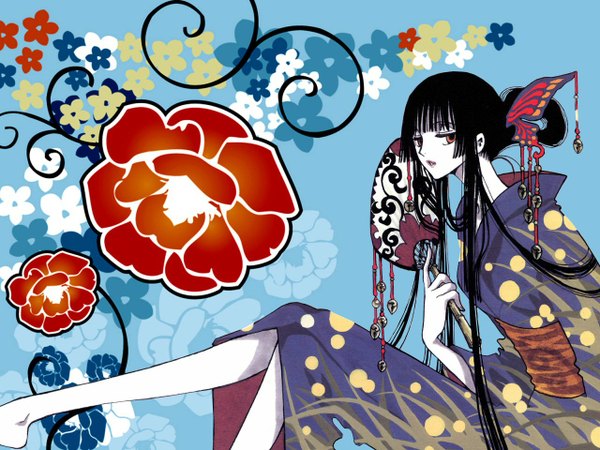 Anime picture 1280x960 with xxxholic clamp ichihara yuuko black hair japanese clothes vector girl flower (flowers) kimono fan