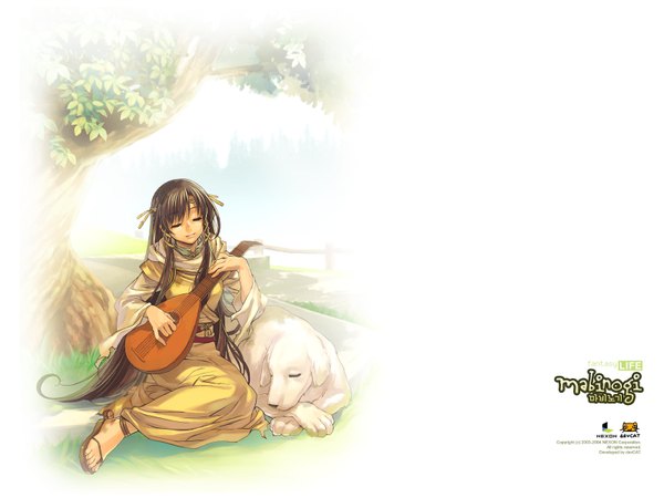 Anime picture 1600x1200 with mabinogi single long hair smile brown hair sitting full body eyes closed inscription wallpaper playing instrument girl plant (plants) animal tree (trees) musical instrument sandals dog lute (instrument)