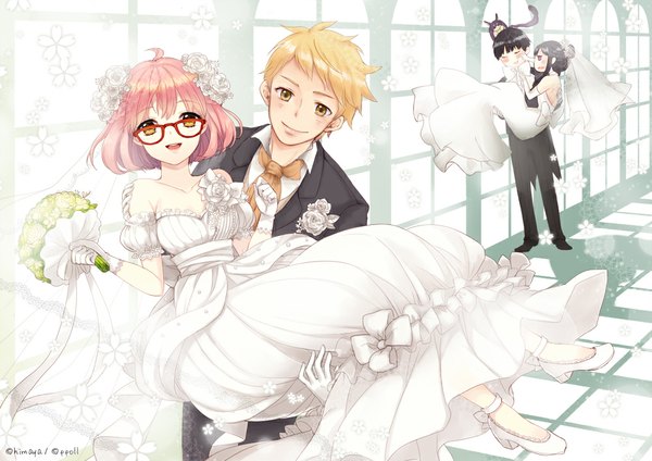 Anime picture 1000x707 with kyoukai no kanata kyoto animation kuriyama mirai kanbara akihito nase mitsuki nase hiroomi himaya short hair open mouth black hair blonde hair smile multiple girls brown eyes pink hair couple alternate hairstyle hair up wedding girl