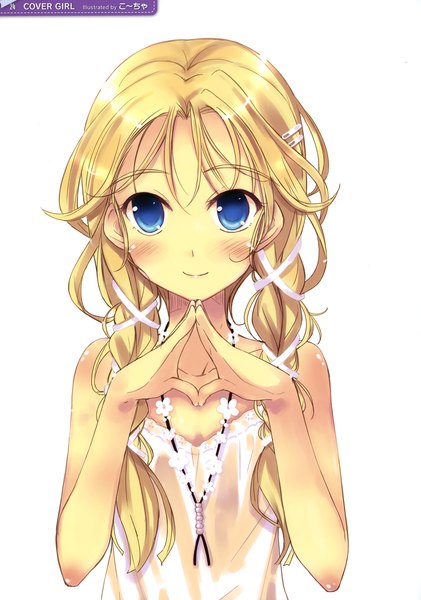 Anime picture 1946x2774 with ko~cha single long hair tall image blush highres blue eyes simple background blonde hair smile white background scan official art fingers together girl dress ribbon (ribbons) hair ribbon sundress