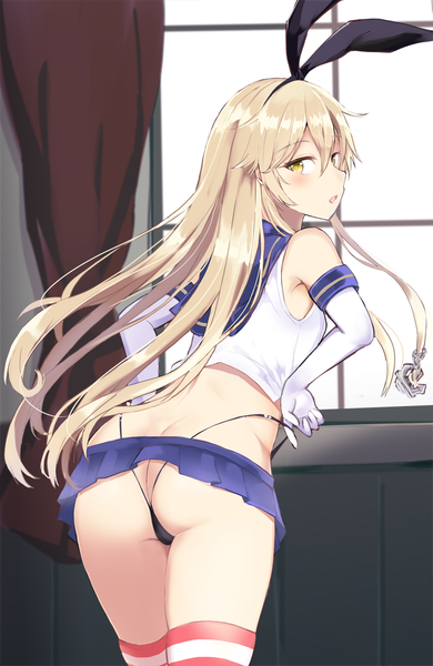 Anime picture 715x1100 with kantai collection shimakaze destroyer takaharu single long hair tall image looking at viewer blush fringe open mouth light erotic blonde hair hair between eyes standing yellow eyes ass indoors looking back from behind striped