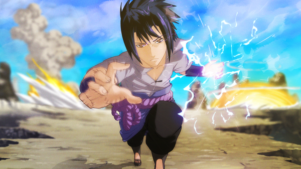 Anime picture 1280x720 with naruto studio pierrot naruto (series) uchiha sasuke xenocracy (artist) single looking at viewer short hair black hair wide image sky cloud (clouds) black eyes smoke running lightning sharingan boy wristlet stone (stones)