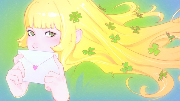 Anime picture 1920x1080 with original ilya kuvshinov single long hair looking at viewer blush fringe highres blonde hair wide image green eyes blunt bangs wallpaper gradient background covered mouth blending girl envelope clover (plant) love letter