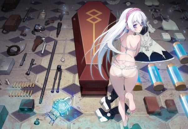 Anime picture 2048x1406 with hitsugi no chaika studio bones chaika trabant namaniku atk single long hair looking at viewer blush fringe highres open mouth light erotic standing purple eyes bare shoulders silver hair bent knee (knees) ass barefoot from above