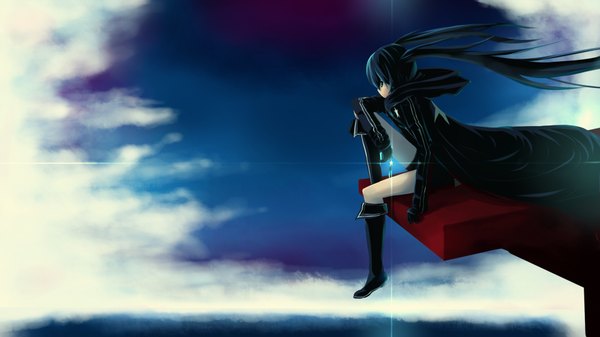 Anime picture 1920x1080 with black rock shooter kuroi mato long hair highres blue eyes black hair wide image twintails sky cloud (clouds) profile girl gloves jacket boots cloak