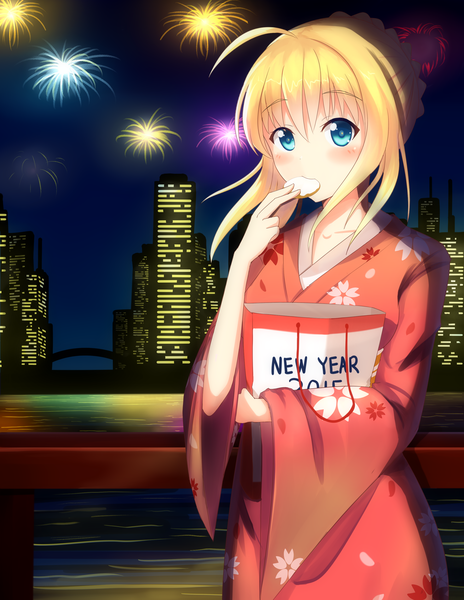 Anime picture 2400x3100 with fate (series) fate/stay night type-moon artoria pendragon (all) saber onamae-kun single long hair tall image blush highres blue eyes blonde hair ahoge traditional clothes japanese clothes night night sky city cityscape
