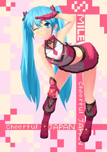 Anime picture 2480x3508 with vocaloid hatsune miku kinniku1234 single long hair tall image highres blue eyes smile twintails blue hair absurdres one eye closed wink girl gloves