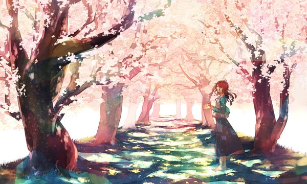 Anime picture 2500x1500 with original nora (kukumaka23) single long hair highres open mouth wide image standing brown eyes looking away ahoge red hair barefoot wind sunlight no shoes cherry blossoms happy girl skirt
