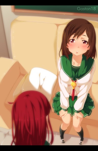 Anime picture 1114x1723 with love live! school idol project sunrise (studio) love live! nishikino maki koizumi hanayo tongasart long hair tall image short hair brown hair sitting multiple girls brown eyes signed red hair embarrassed letterboxed hand on knee girl skirt