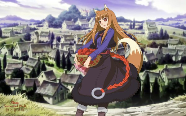 Anime picture 1680x1050 with spice and wolf horo single long hair smile red eyes brown hair wide image animal ears tail city wolf ears wolf tail wolf girl girl apple
