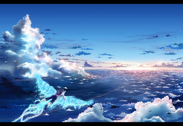 Anime picture 1300x900 with one piece toei animation portgas d. ace marco (one piece) megatruh black hair sky cloud (clouds) evening sunset letterboxed flying scenic boy hat animal shorts bird (birds) fire phoenix