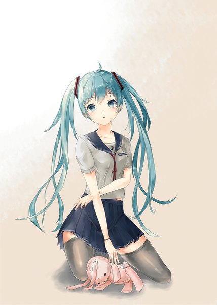 Anime picture 907x1270 with vocaloid hatsune miku santuna single long hair tall image looking at viewer blush simple background white background twintails aqua eyes aqua hair girl thighhighs uniform black thighhighs school uniform toy stuffed animal