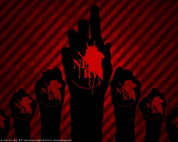 Anime picture 1280x1024 with neon genesis evangelion gainax simple background inscription monochrome silhouette striped background logo no face hands