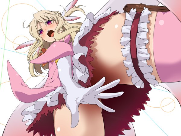 Anime picture 2000x1500 with fate (series) fate/kaleid liner prisma illya type-moon illyasviel von einzbern haine single long hair looking at viewer blush fringe highres open mouth light erotic simple background blonde hair purple eyes ahoge censored from below convenient censoring