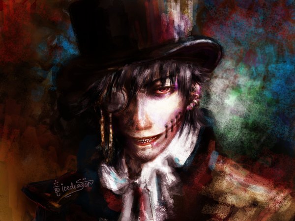 Anime picture 4724x3543 with ryuuka-nagare single highres short hair black hair red eyes absurdres realistic teeth piercing sharp teeth boy choker neckerchief top hat stitches monocle