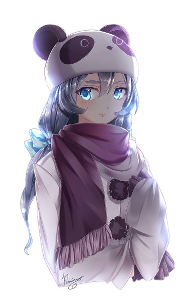 Anime picture 739x1200 with original kaminary single long hair tall image blush blue eyes simple background white background grey hair girl gloves bow hair bow animal black gloves scarf coat cap animal hat