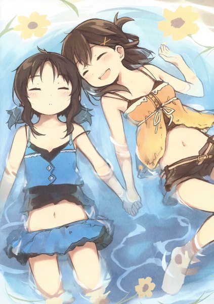 Anime picture 1739x2467 with original girls log vol.5 - kyuri illustration works 2014 summer vacation kyuri long hair tall image blush highres breasts open mouth black hair smile brown hair twintails multiple girls outdoors ponytail eyes closed partially submerged side ponytail holding hands