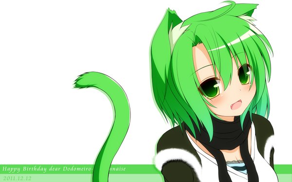 Anime picture 1920x1200 with original syroh single looking at viewer blush highres short hair open mouth simple background wide image white background green eyes animal ears green hair cat ears cat girl cat tail girl scarf fur