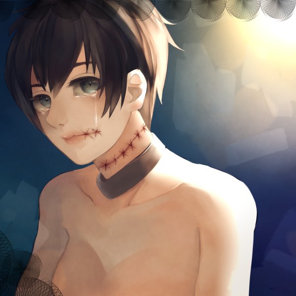 Anime picture 1400x1400 with original kuragenmi single looking at viewer short hair breasts light erotic brown hair green eyes tears scar topless girl collar stitches