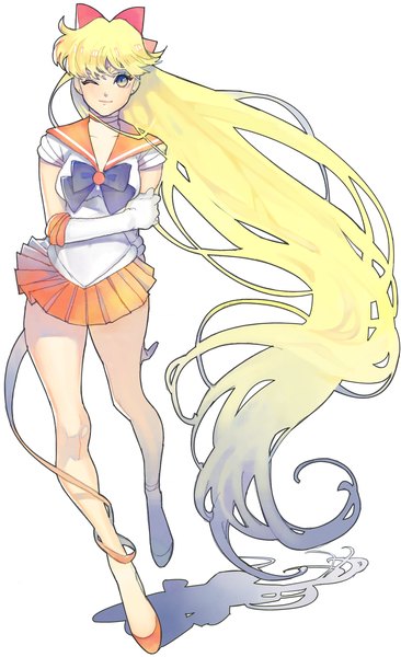 Anime picture 966x1581 with bishoujo senshi sailor moon toei animation aino minako sailor venus arutera single tall image looking at viewer simple background blonde hair white background yellow eyes very long hair one eye closed light smile wink shadow crossed arms girl gloves