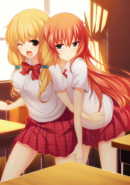 Anime picture 1612x2280 with original tetsu8 long hair tall image blush open mouth blue eyes blonde hair red eyes multiple girls red hair one eye closed wink shoujo ai girl skirt uniform 2 girls school uniform miniskirt