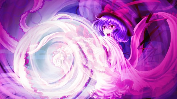 Anime picture 1024x576 with touhou nagae iku bluehead (artist) single short hair open mouth red eyes wide image purple hair magic girl bow hat
