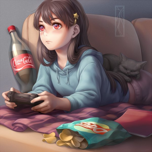 Anime picture 1200x1200 with original coca-cola kotikomori single long hair blush black hair red eyes looking away lying realistic brand name imitation girl animal cat couch chips