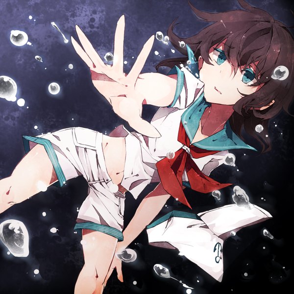 Anime picture 2000x2000 with touhou murasa minamitsu hisona (suaritesumi) single highres short hair brown hair aqua eyes outstretched arm underwater hat removed headwear removed girl shorts bubble (bubbles) water drop sailor suit peaked cap white shorts
